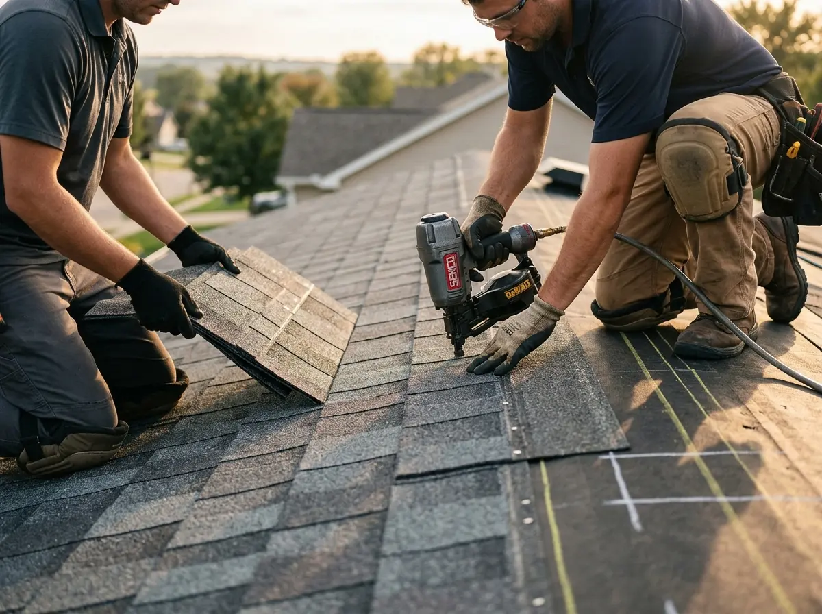 Professional roofer working on a residential roof in Martins Ferry